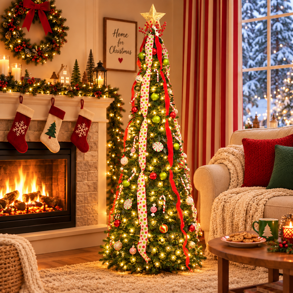 6FT Pop Up Whimsical Christmas Tree, Collapsible Foldable Christmas Tree Pull Up Fully Decorated Xmas Trees with Red Green Ornaments Set for Indoor Outdoor Home Xmas Holiday Party Decor