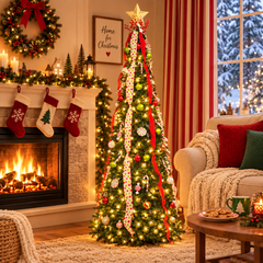 6FT Pop Up Whimsical Christmas Tree, Collapsible Foldable Christmas Tree Pull Up Fully Decorated Xmas Trees with Red Green Ornaments Set for Indoor Outdoor Home Xmas Holiday Party Decor