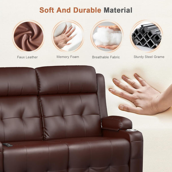 RV Loveseat Recliner, Massage Wall Hugger Recliners Sofa with USB, Side Pockets, Cup Holders and Removable Armrest, for RV and Home Theater, Brown