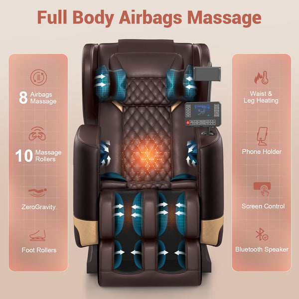 Zero Gravity Massage Chair Full Body with 10 Rollers, Soothing Heat, Deep Foot Kneader & Bluetooth Speakers, Brown