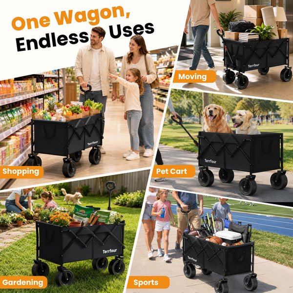 Terrfour Collapsible Folding Wagon, 560LBS Portable Heavy Duty Utility Cart for Grocery, Shopping, Garden, Sports, Camping, Black